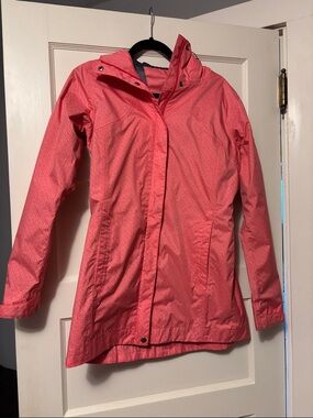 Just in time for spring showers! Women’s Coral Pink Hooded Raincoat Jacket